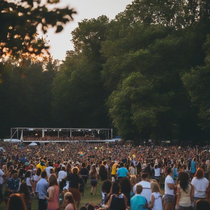 Empty concert stage with abandoned musical instruments and silent speakers.