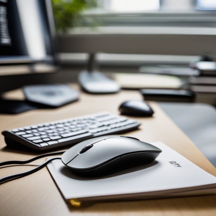 Ergonomic mouse on a desk with a person's hand holding it.