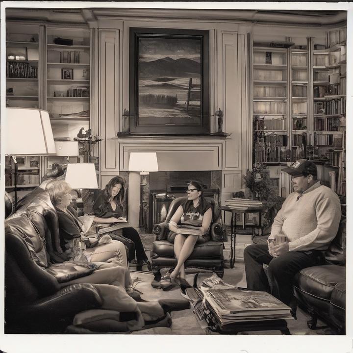 Family members discuss politics in a living room book club setting.