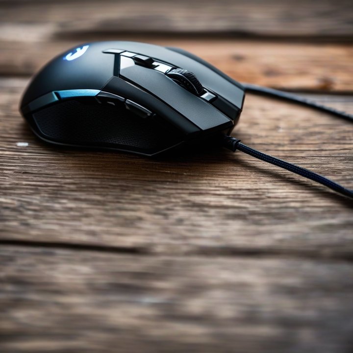 Gaming mouse on a desk with a computer screen behind it
