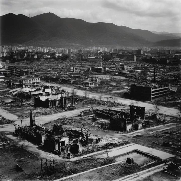 Hiroshima survivors gather near destroyed buildings, remembering the atomic blast.