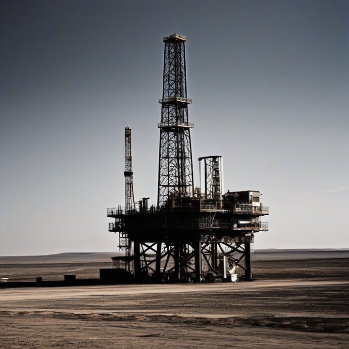 Idle oil rigs stand unused in a deserted landscape.