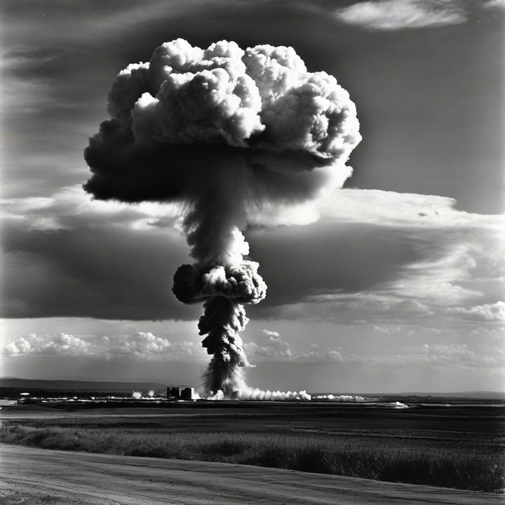 Mushroom cloud erupts from atomic bomb explosion in desert landscape.