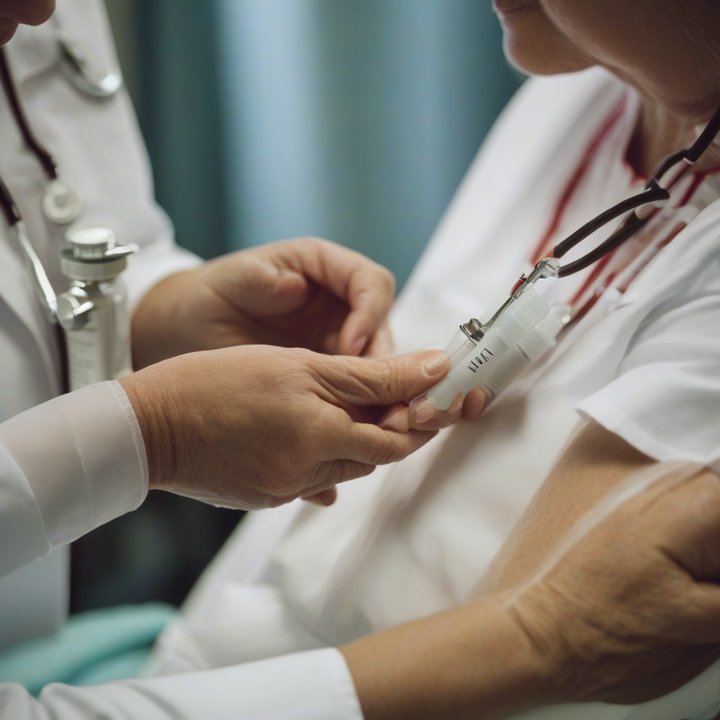Nurse administering flu vaccine to patient in a home setting.