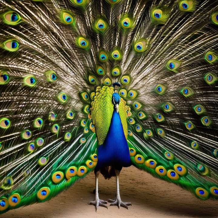 Peacock feathers emitting laser beams in a laboratory setting.