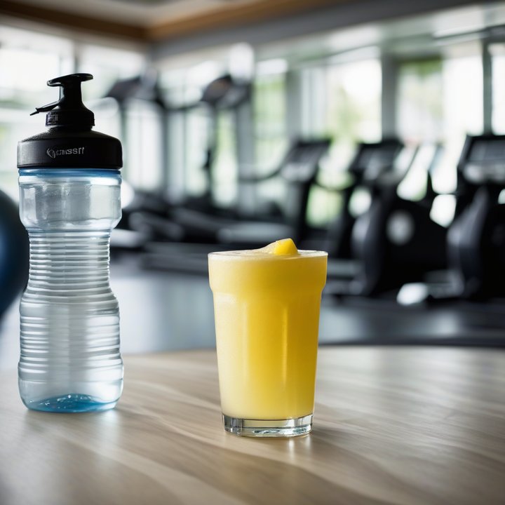 Person holding a bottle of electrolyte water, with a glass nearby.