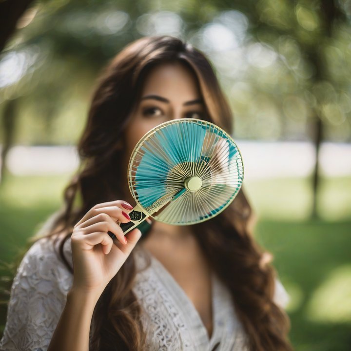 Person holding a handheld fan, testing its features outdoors.
