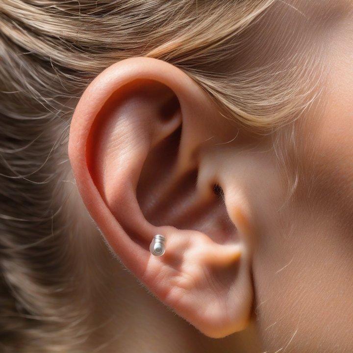 Person holding invisible hearing aid device near their ear.