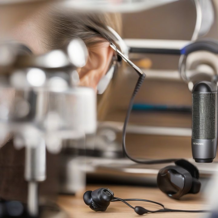 Person testing a hearing aid with an audiologist nearby.