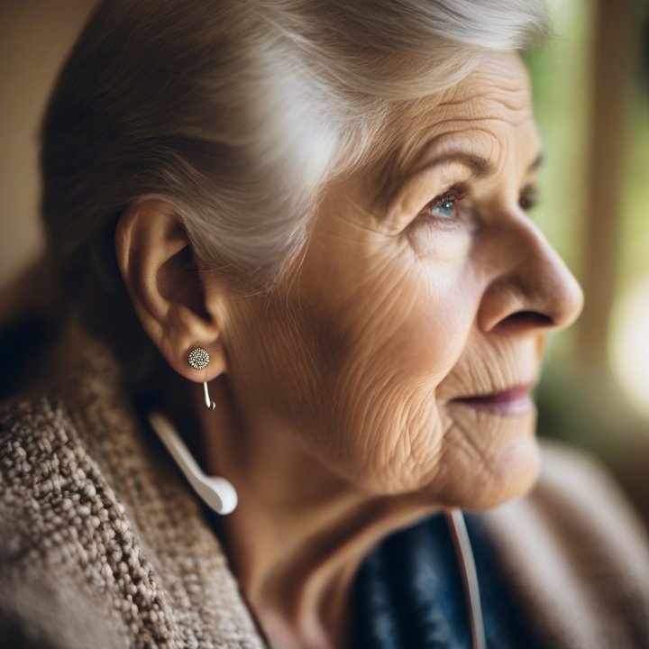 Person testing over-the-counter hearing aid device on their ear.