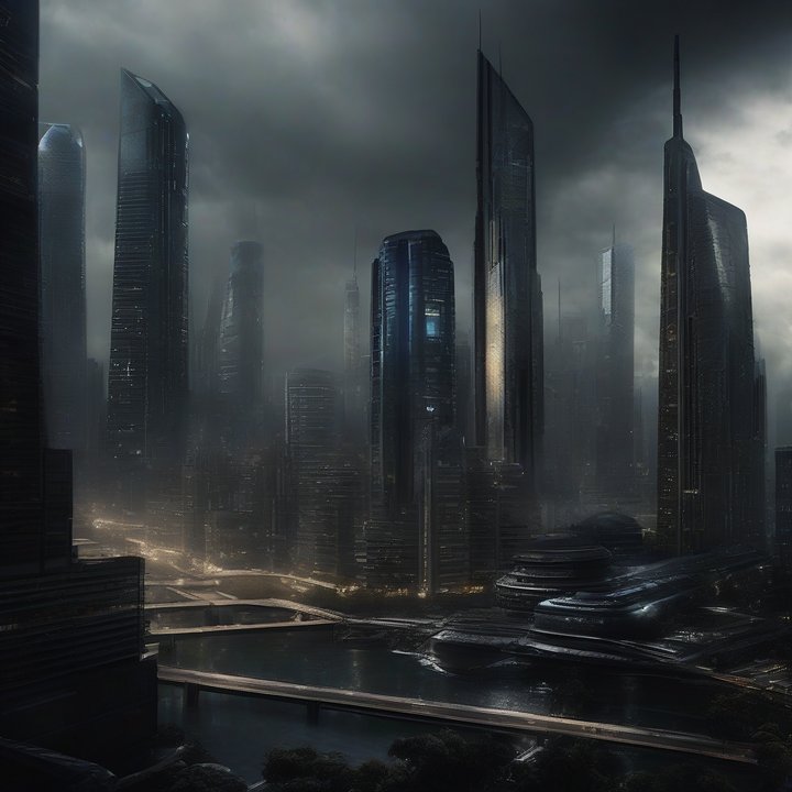 Protesters march against corporate takeover in a dystopian cityscape.