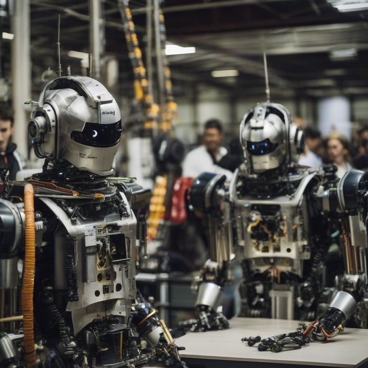 Robotics engineers working on artificial intelligence-powered robot prototypes in a lab setting.