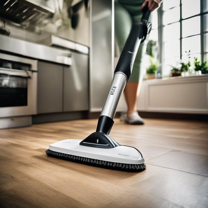 Steam mop being tested on a dirty floor by a person.