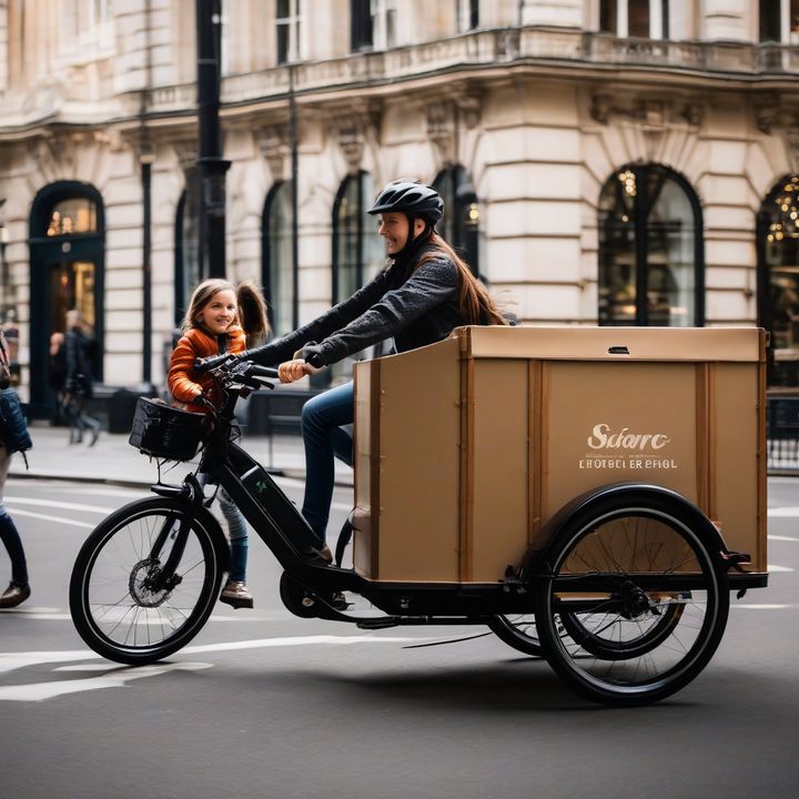 Electric cargo bike with family riding on a city street.