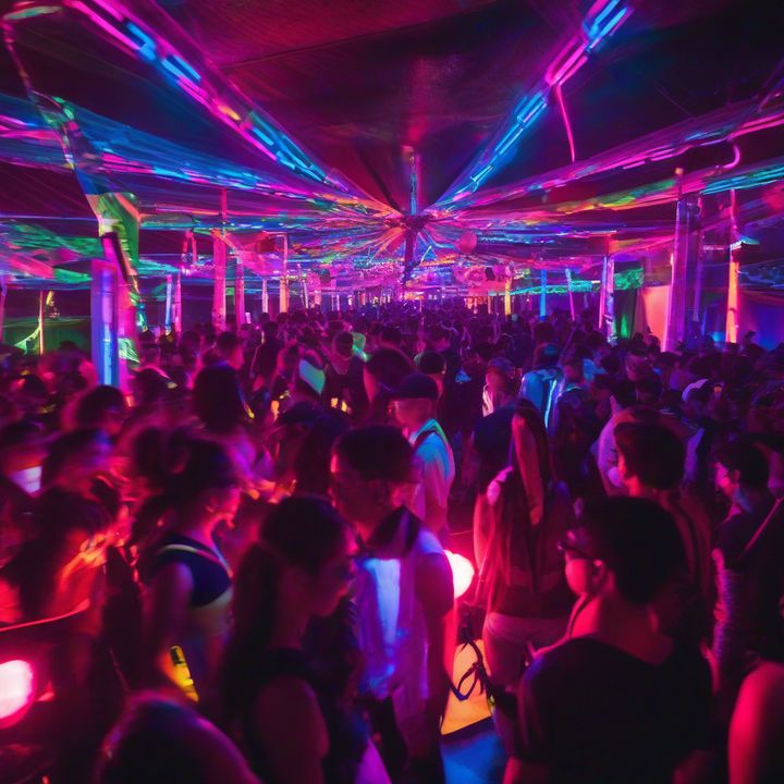 People dancing at a Labubu Rave event under colorful lights.