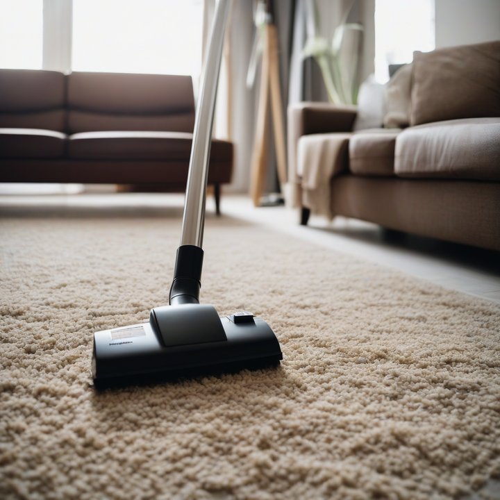 Person vacuuming floor to remove microplastics and particulates.
