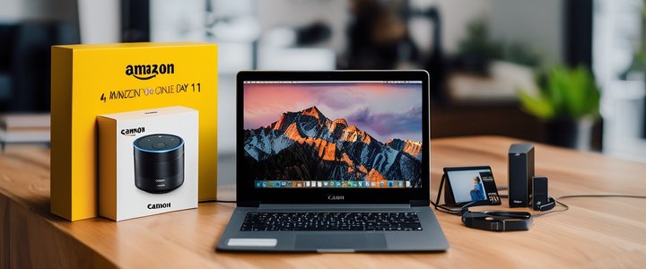 Person sitting at desk surrounded by Amazon boxes and laptops.